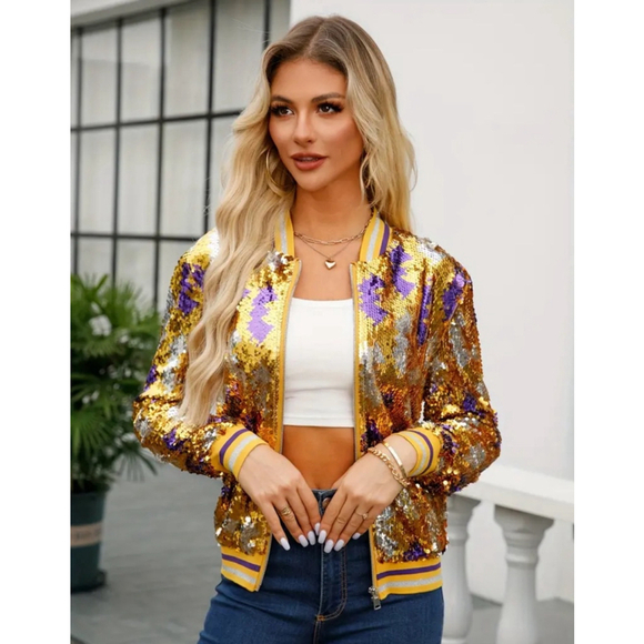 Gold, Purple and Silver Sequins Bomber Jacket - Picture 3 of 9